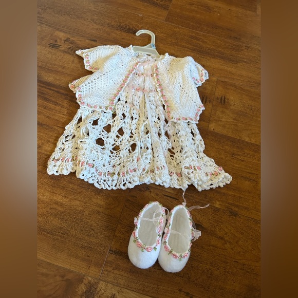 Handmade White Crochet Baby Dress and Booties with Pink Trim (3pc. Set)